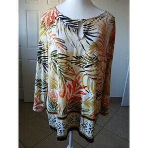Kasper Brown & Orange Leaves Blouse  Bell Sleeve Stretchy Womens Size‎ XL